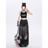 Fat Mm Cool Hole Jeans Female Large Size Street Personality Babes Tied Loose Thin Leg Trousers