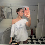 2025 Summer New Women's Street Fashion Letter Print Slanted Shoulder Short-Sleeved Loose T-Shirt Top
