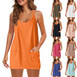 2025 Summer Solid Sleeveless Dress Fine Shoulder Strap Vest Skirt Sports Skirt Pocket