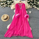Autumn 2025 New Elegant Solid Dress Round Collared Loose Hair Splicing 100 Folding Long Dress