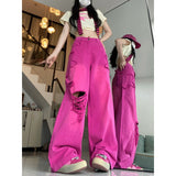 High Street Rose Red Ripped Jeans Women Summer Thin Dopamine Wearing Hot Girl Straight Broad Leg Pants