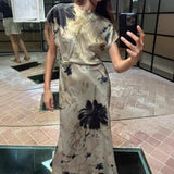 Women's Clothing 2025 Spring New Temperament Elegant Silk-Sting Texture Waist-Print Amply Dress