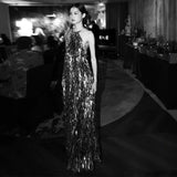 Golden New Chinese Dress Light Luxury Niche 2025 New Famous Wind Hanging Neck Heavy Industry Slew Sexy Bare Back Dress