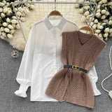 Korean Style Suit Women's Casual Long-Sleeved Shirt + Waist V-Neckless Knitted Vest Two-Piece Set