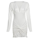 2025 Summer New Women's Temperament Sexy Pure Color V To Receive Pocketed Folded Long-Sleeved Dress