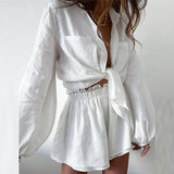 2025 Women's Casual Pure Color Lotus Leaf Side Shorts Shirt Fashion Set Women's Two-Piece