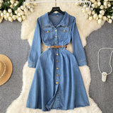 Vintage Water Wash Denim Dress Women's Autumn New High-End Thin Temperament Waist Single Buckle Long Skirt