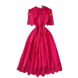 Vintage Elegant Heavy Industry Hollow Hook Water-Soluble Lace Dress Women's French Waist Thin Short Sleeve Dress