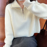 Design Sense Half-High Collar Zipper Red Knitted Shirt Women's Short Autumn And Winter New High-Waist Sweater Loose Thick Coat