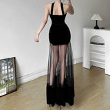 2025 Autumn And Winter New Women's Fashion Sexy Hanging Neck Bare Back Mesh Dress