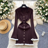 Light Luxury Famous Knitted Dress Woman Autumn Wooden Ear Over The Collar To Slim Beautiful Sister Mid-Long Dress
