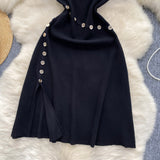 Cousin Temperament Half-High Collar Short-Sleeved Dress Female Design Button-Skinny Open Fork Medium Long Knitting Skirt