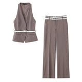 Temperament With Belt Striped Set 2025 Spring V Collar Vest High-Waisted Trousers Woman