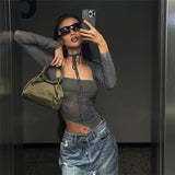 Spring 2025 Fashion Trend Women's New Long-Sleeved Square Necker Repair Exposed Umbilly Mesh Perspective T-Shirt
