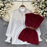 Korean Style Suit Women's Casual Long-Sleeved Shirt + Waist V-Neckless Knitted Vest Two-Piece Set