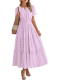 2025 Spring And Summer Women's New Fashion V-Neck Folding Bubble Sleeve Layer - Big Swing Dress Woman