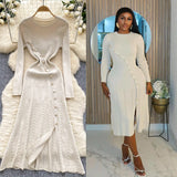 Autumn 2025 French Elegant Temperament Metal Button Repair Waist Long Pit Knitted Dress Woman