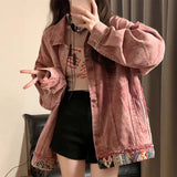 Vintage Spliced Denim Jacket Girl Spring And Autumn Loose Design Sense Small Casual Pink Workwear Top