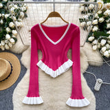 Clamming Striped Knitted Shirt Autumn Lotus Side Hem Horn Sleeves Slimmed Out Of The Bottom Coat