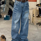 Vintage Rivet Low-Rise Straight Jeans Babes High Street Niche Design Couple Make Old Fried Street Trousers