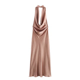 Women's Clothing 2025 Summer New Temperament Hanging Neck Collar Silk Texture Repairing Flute Dress