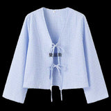 Lattice Temperament V-Neck Women's Clothing New Fashion Pure Color Loose Long-Sleeved T-Shirt Top
