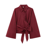 Women's Clothing 2025 Spring New Double Sturgeon Silk Repair Slim Bow Tie With Short Shirt