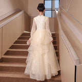 Evening Dress Light Luxury Niche Banquet Host Graduation Dress 2025 New Champagne Long-Sleeved Art Exam Dress