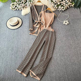 Oceanish Clopette Dress Dress Shawl Jacket + V-Neck Bottom Knitted Shirt + Broad Leg Trousers Three-Piece Set