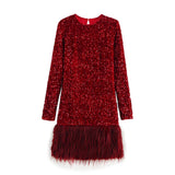 Women's Clothing Spring 2025 New Glit Decorative Feathers Spliced Long-Sleeved Mini Dress