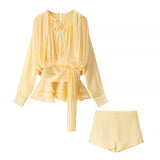 Pressed Folding Ribbon Design Loose Waist Mini Dress Shorts Set 2025 Spring And Summer Street Fashion Woman