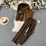 Oceanish Clopette Dress Dress Shawl Jacket + V-Neck Bottom Knitted Shirt + Broad Leg Trousers Three-Piece Set