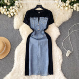 2025 Net Red New Niche Round Collar Short Sleeve Splicing Denim Dress Women Senior Feel Waist-Wear Two Long Skirts