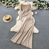 French Temperament Wears A Female Autumn And Winter Design Sense Of Irregular Strap To The Waist Long-Sleeved Knitted Shirt + High Waist Half-Dress