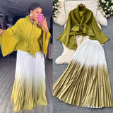 Miyajie Wrinkled Butterfly Sleeve Gradient With Shawl Short Coat Top + Gradient 100 Folded Skirt Two-Piece Suit