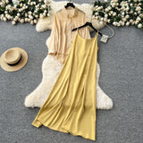 Temperament Two Sets Of Women's Languid Languid Wind Outside The Thin Loose Long-Sleeved Sunscreen Jacket + Sling Dress