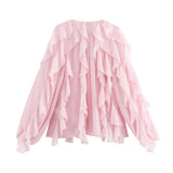 Spring 2025 New Women's V-Neck Single Buckle Long-Sleeved Cascade Decorative Shirt 10 Colors