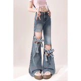 Fat Mm Large Street Hottie Bow Trumpet Micro-Tight Jeans Girl Retro Hollow Horn Long Pants