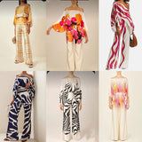 Spring 2025 New Set Women's Printed Round-Neck Loose Bat Sleeves Wide Leg Trousers Fashion Set