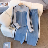 Fashion Zippered Cowboy Splicing Two Sets Of Spring And Autumn 2025 New Cowboy Splicing Long Sleeve Tops Wide Leg Trousers