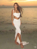 Summer 2025 Women's Explosive Sexy Knitted Short Sling Tape Open Umbilly Skirt Set