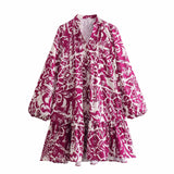 Shirt-Style Single-Dlong Short Dress 2025 Spring/Summer V-Neck Print Long-Sleeved Loose Miniskirt