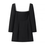 Women's Clothing 2025 Winter New Square Neck Nail Beads To Collect Short A-Shaped Dress