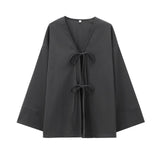 Pajamas Wind Casual Set 2025 Summer Long Sleeve V-Neck Bow Tie With Loose-Fitting Shirt Broad Leggings
