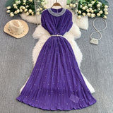 Light Luxury Famous Heavy Industry Nail Ball Collar Dress Women Summer Waist Thin 100 Fold Elegant Dress Dress Dress