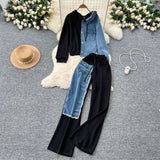 Hong Kong Flavor Casual Suit Female Fashion Design Stitching Fake Two Hooded Jacket High-Waisted Cowboy Splicing Wide Leg Pants