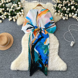 Small High-End Dress Women Design Feel Strapped Waist Bat Sleeve Pressure Fold Printing Irregular Dress Dress