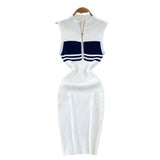 Polo Collar Striped Knitted Vest Dress Summer High-End Sensiastic Hottie Sexy Slimming Bag-Butt Dress