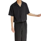 Fashion Cuban Collar Vertical Texture Design Feeling Men's Half-Sleeved Shirt Loose High-End Fall Leisure Summer