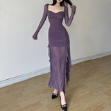 2025 Autumn And Winter New Women's Mesh Yarn Leaves Side Of The Niche Design Feeling Long-Sleeved Square Collar Dress